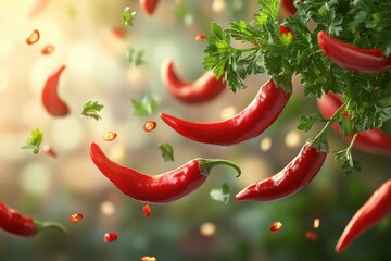 Floating red chilies and fresh cilantro natural culinary inspiration