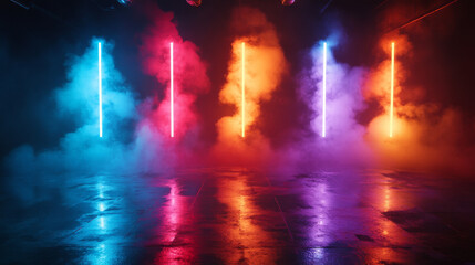 Fototapeta premium An unoccupied stage set bathed in neon hues, wet pavement glistening with reflections in the darkness, smoke drifting through abstract figures and beams of colored light