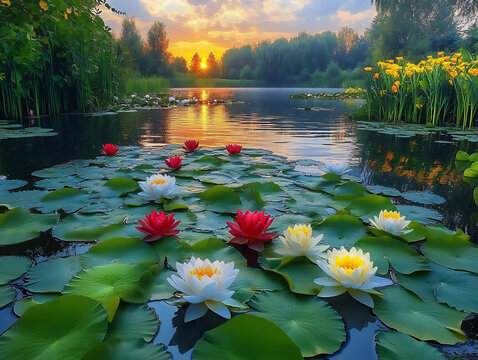 sunset reflection on tranquil lake