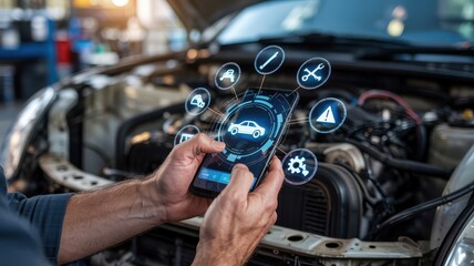 Digital diagnostics displayed on a phone over a car engine.