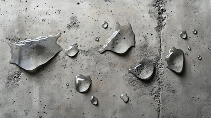Drops of water forming small puddles on a cement surface, emphasizing waterproof concrete texture