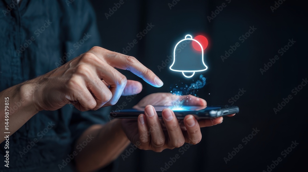 Poster close-up view of hands interacting with a digital notification bell.