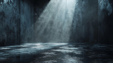 Realistic wet concrete illuminated by dramatic spotlight, rendered in 3D with dark, textured ambiance