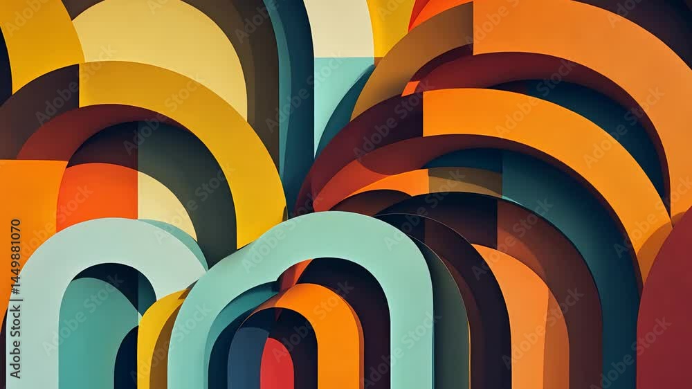 Poster colorful abstract background with layered geometric arch shapes in warm and cool tones creating dept