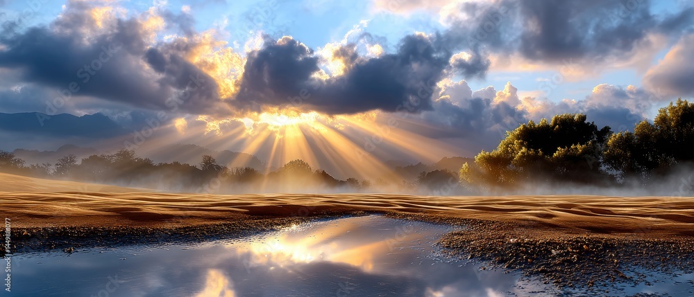 Poster sun rays burst through dramatic clouds over a serene landscape, reflecting in a tranquil water pool 