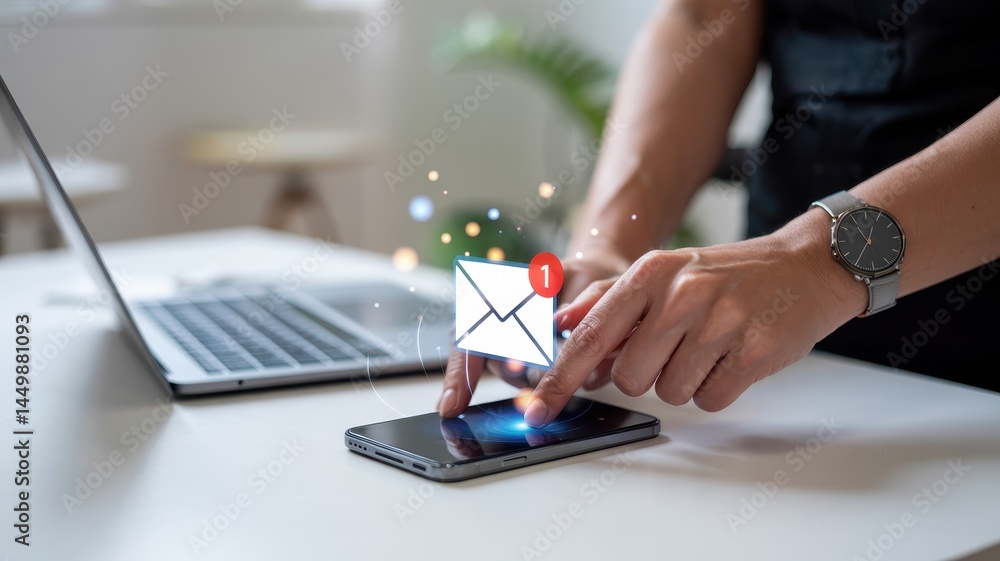 Poster hands interacting with a digital email notification on a phone.
