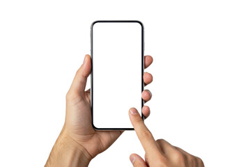 Hand holding and touching mobile phone isolated on transparent background