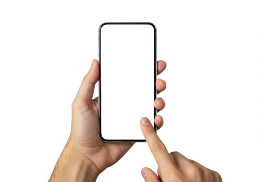 Hand holding and touching mobile phone isolated on transparent background