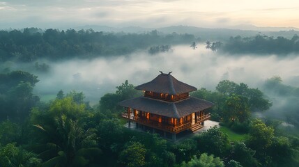 Obraz premium open-air tropical pavilion, with thatched roof and wide open space, aerial view from above, foggy morning in rural area