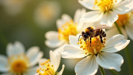 Bees collect nectar from a flower. Close-up of a bee sitting on a bright flower and collecting pollen. Focus on the details of the insect and the flower.