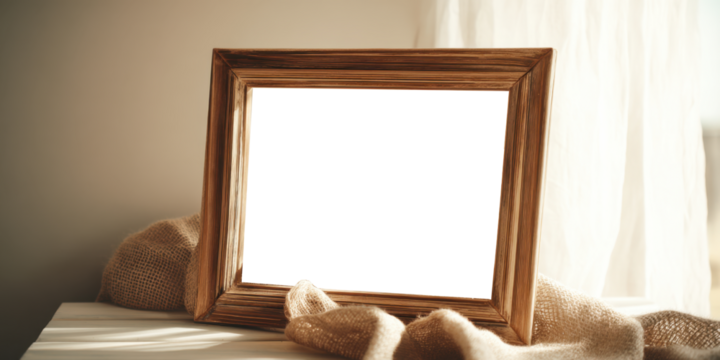Empty wooden picture frame leaning against a neutral wall, with warm interior lighting casting a cozy ambiance, soft focus background highlighting the simple elegance of home decor and inviting atmosp