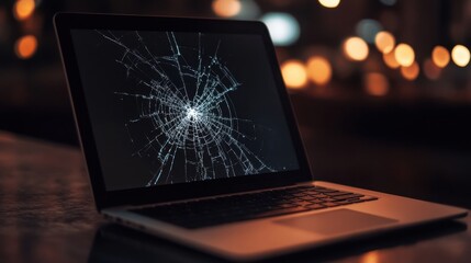 cracked laptop screen on dark background