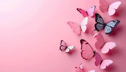 Beautiful butterflies on a pink background with copy space