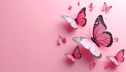 Beautiful butterflies on a pink background with copy space