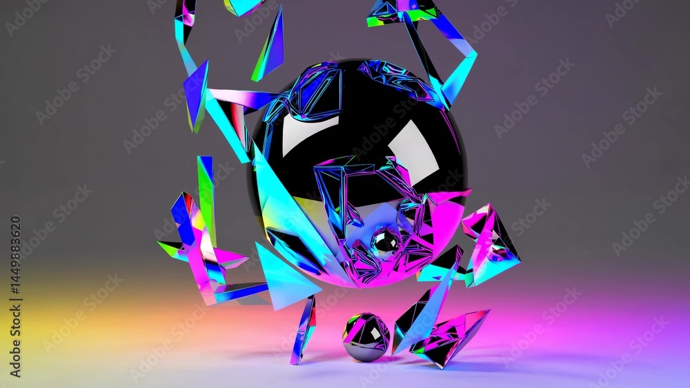 Poster black sphere is exploding into colorful crystal shards on a gradient background, creating a visually