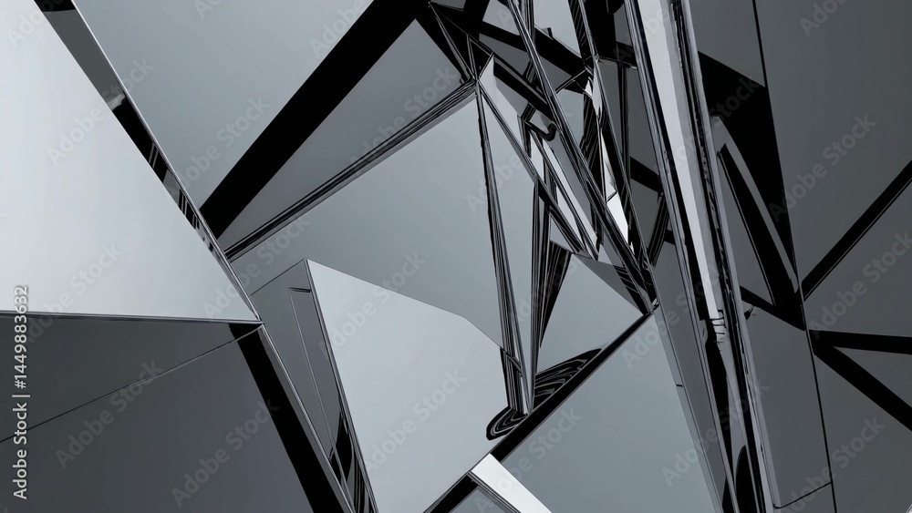 Poster complex metallic structure featuring reflective triangular and rectangular shapes forms a striking a