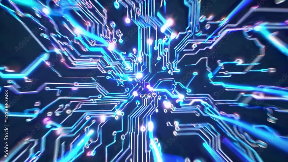 Poster complex network of circuits and nodes transferring data, creating a dynamic visualization of technol