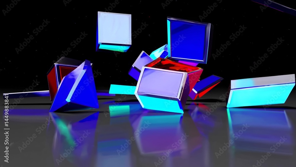 Poster colorful cubes and triangular prisms falling onto a reflective surface create a vibrant abstract com