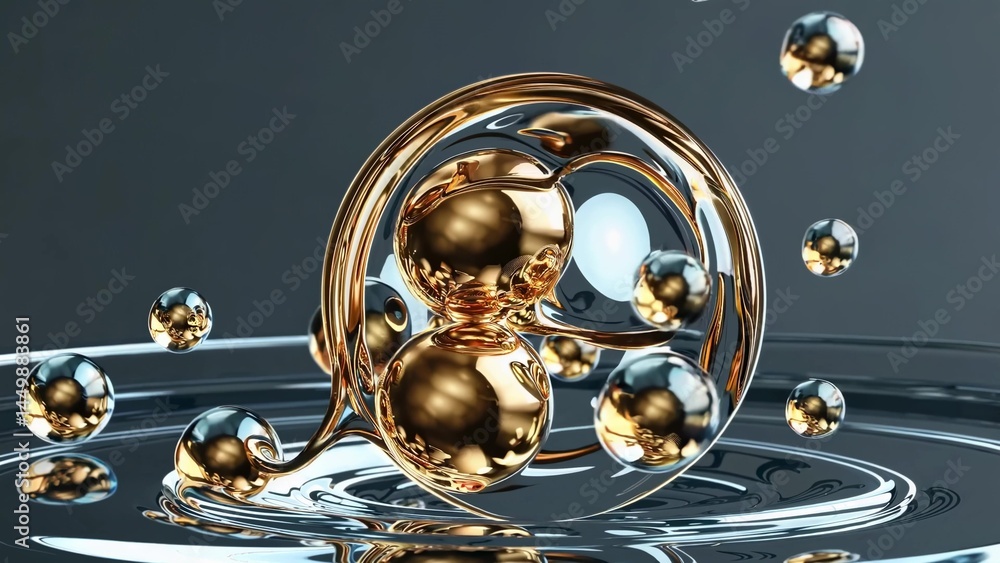 Poster metallic spheres of gold and silver interact with the surface tension of a liquid, creating ripples 