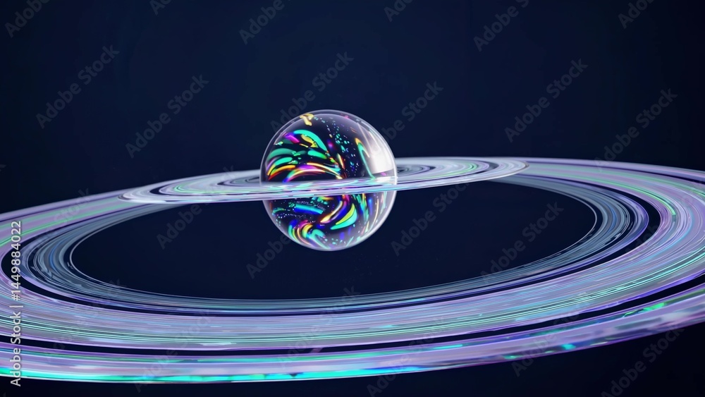 Poster abstract glass planet with colorful streaks rotating within a set of colorful rings against a dark b