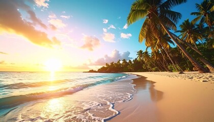 Tropical beach with palm trees and sea - summer resort at sunset 