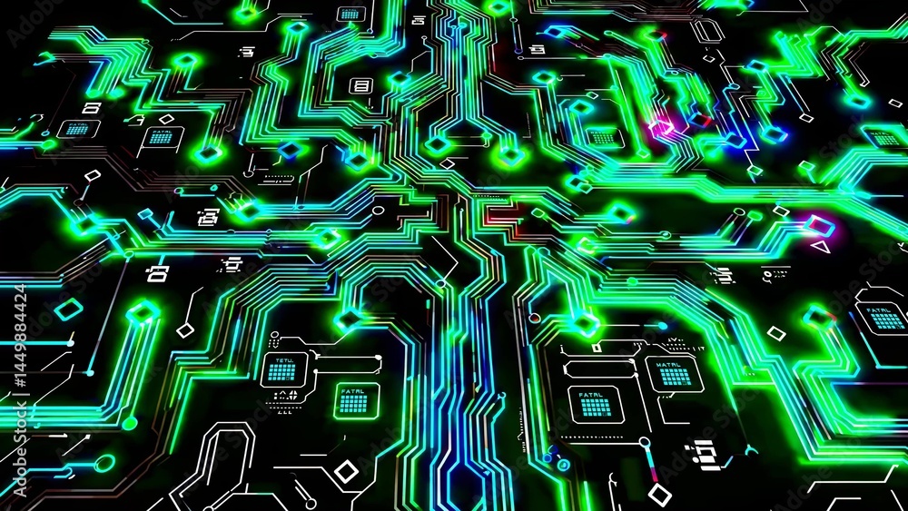 Aufkleber complex network of glowing green circuits and nodes, representing advanced data processing and techn