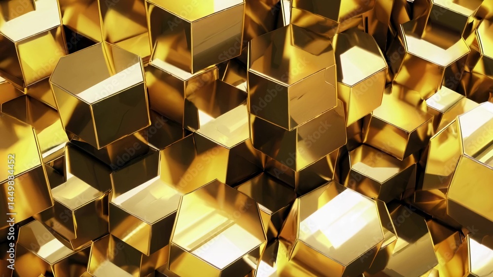 Poster shiny golden hexagonal prisms stacked together create an intricate abstract textured background, fea