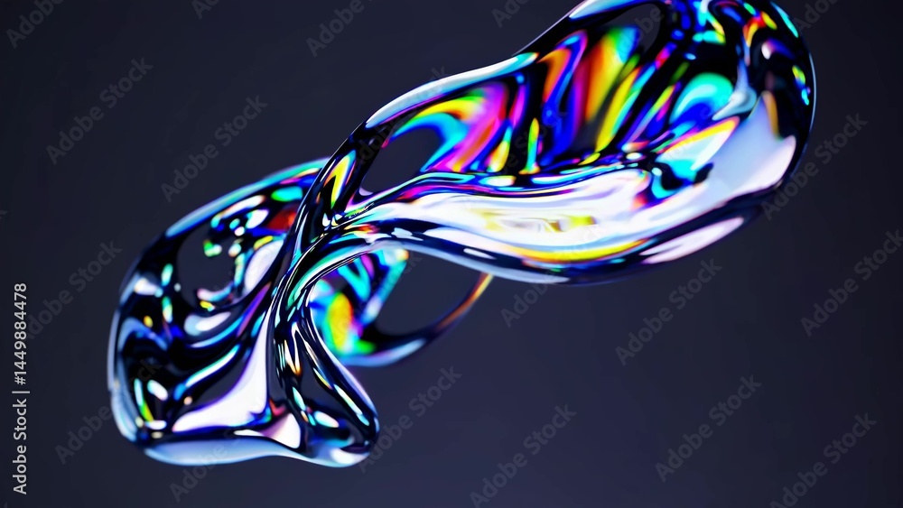 Poster colorful, holographic abstract form twists and turns in space, creating a mesmerizing visual with it