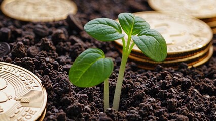 Small plant is growing in fertile soil surrounded by cryptocurrency coins, symbolizing the potential growth and investment in the digital currency market