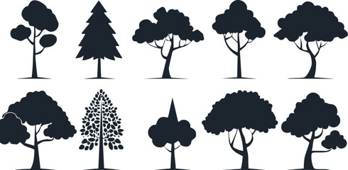 Monochrome Set of Stylized Tree Silhouettes in Black Featuring Diverse Botanical Shapes &ndash; Ideal for Environmental Graphics, Posters, and Design Projects

