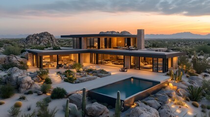 Fototapeta premium desert modern house, flat roof and adobe textures, landscape design with cactus and rock garden, aerial view, dry terrain