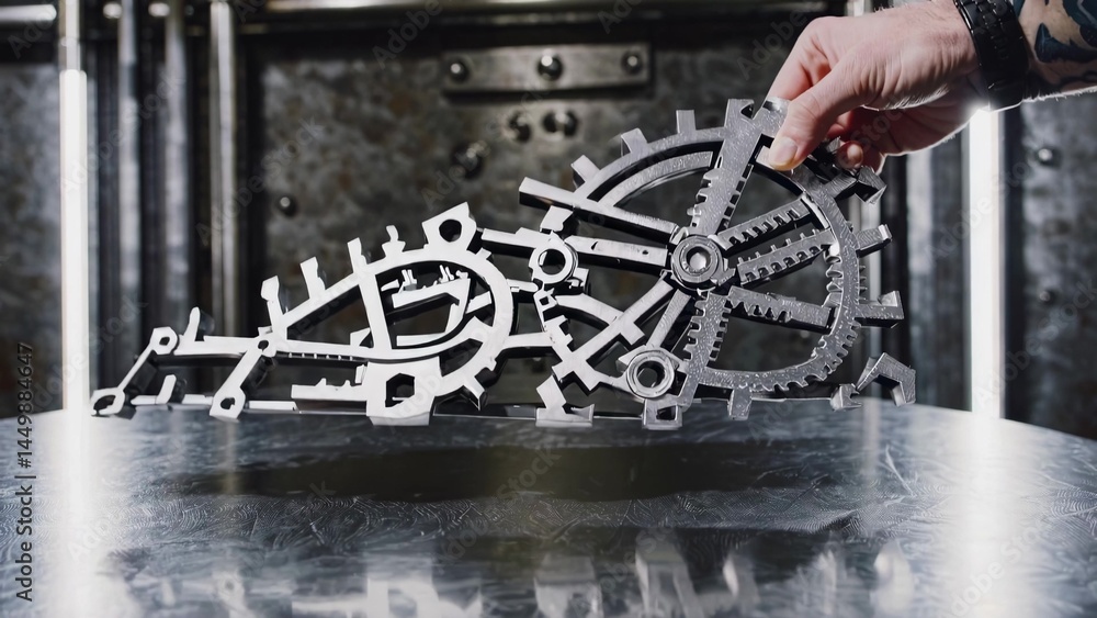 Poster engineer is displaying a newly 3d-printed metal prototype featuring intricate gears, showcasing the 