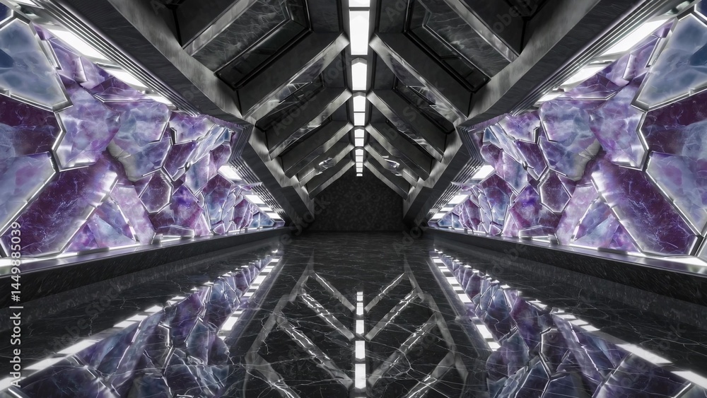 Poster futuristic metallic corridor features glowing purple crystals embedded in hexagonal patterns on the 