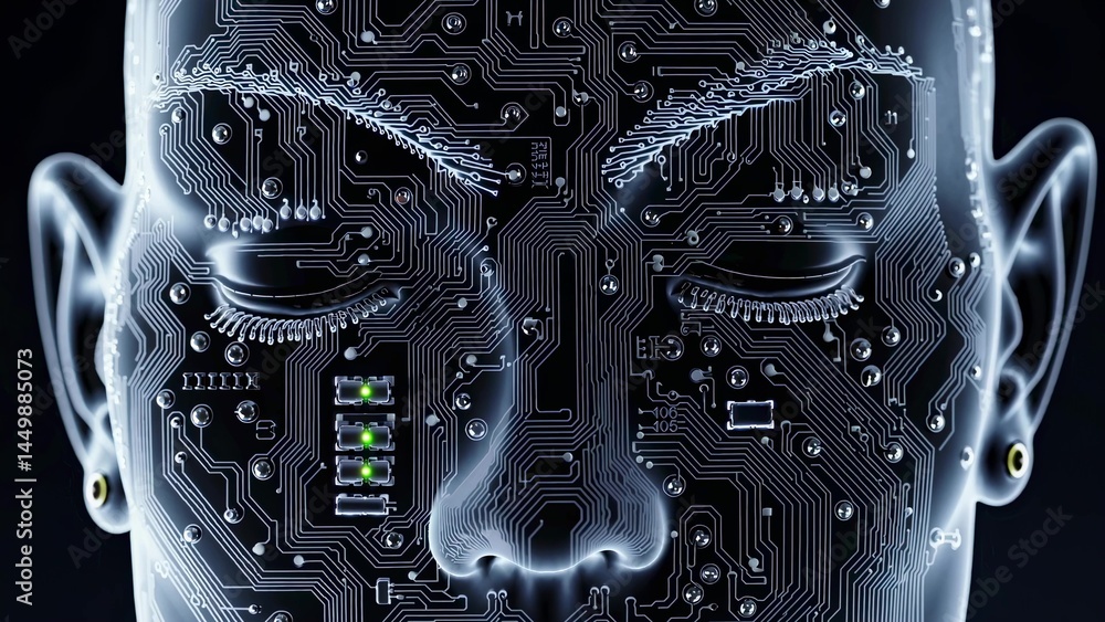 Poster intricate circuit board patterns forming a human face with closed eyes, symbolizing artificial intel