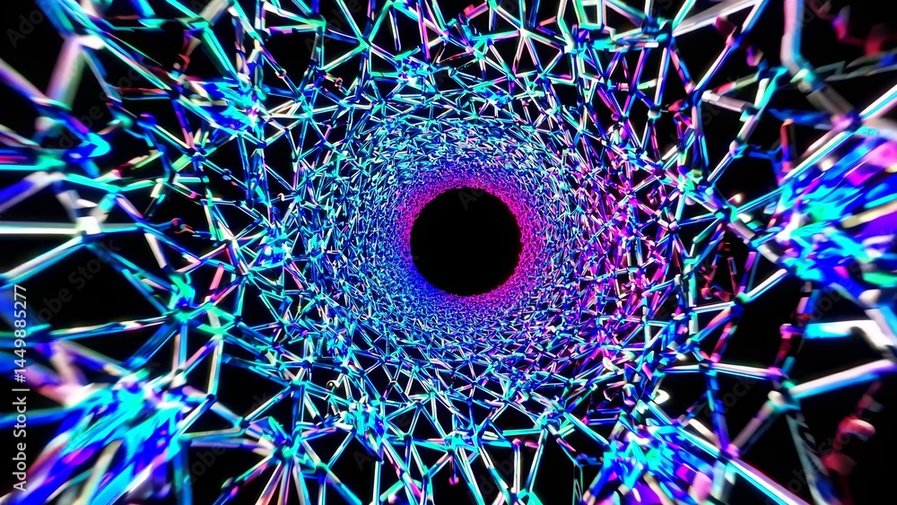 Poster bright neon geometric lines are rotating and creating an abstract vortex with a black hole in the ce