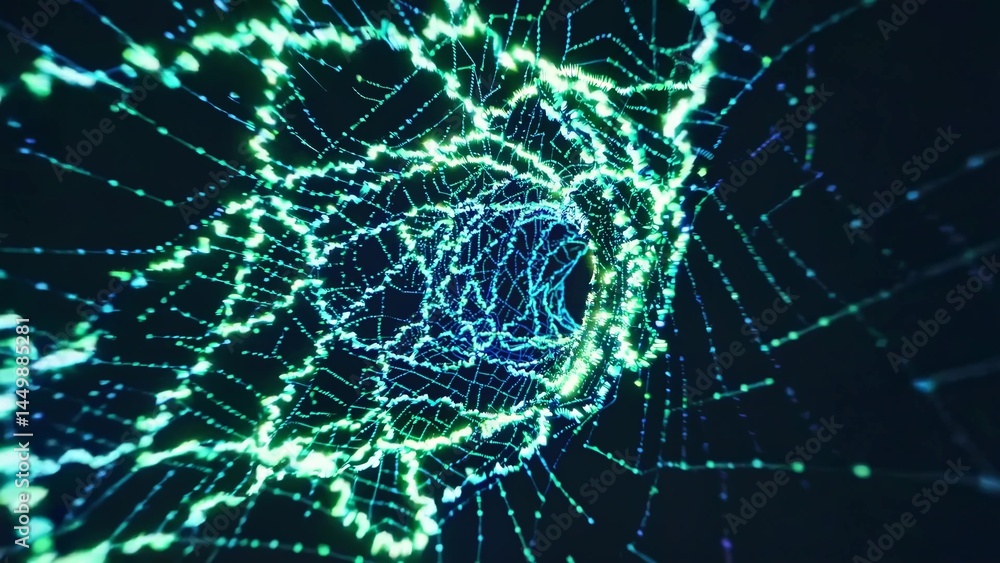 Poster creating a captivating visualization of digital information transfer, an abstract plexus tunnel rota