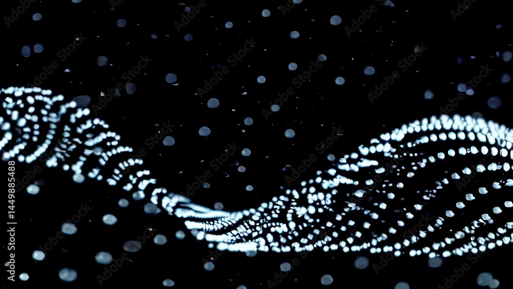 Poster abstract wave of glowing particles is flowing on black background creating a futuristic and technolo