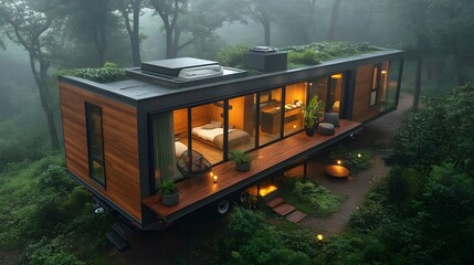 Obraz premium tiny house on wheels, modern wood paneling, parked in forest clearing, soft natural lighting, aerial perspective