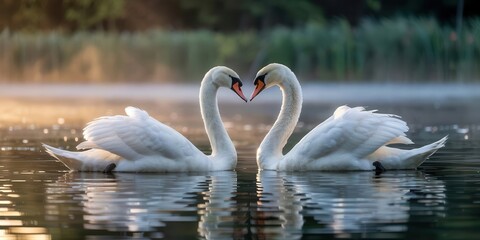 Fototapeta premium Romantic Swans Creating a Heart Shape on a Misty Lake at Sunrise