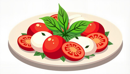 Vector caprese salad on a plate with tomatoes, mozzarella, and basil