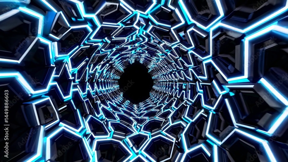 Poster futuristic tunnel transforming into a digital hexagonal mesh with glowing blue neon lights creating 