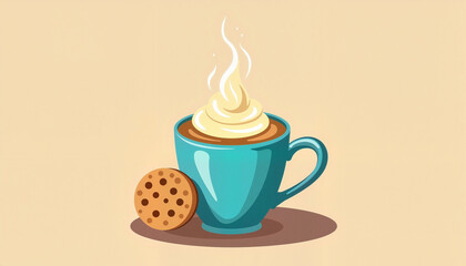 Styled coffee cup with foam art and a cookie, vector illustration, for cafe promotions, with copy space