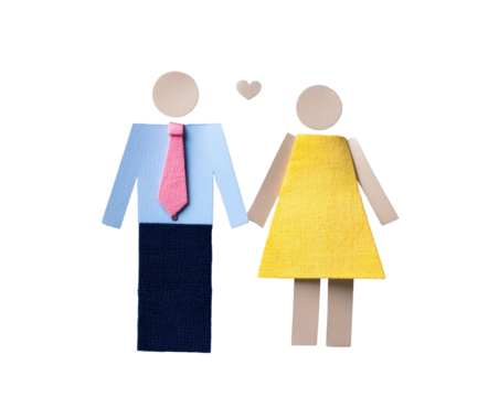 Craft couple holding hands, representing love and connection on a transparent background, cut out