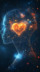 Abstract head profile with glowing heart inside and orbiting icons like empathy, tact, listening, and connection, visualizing emotional intelligence Relationship Building Influence and Communication 