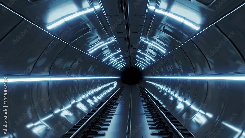 Poster empty futuristic subway tunnel with glowing blue neon lights illuminating smooth metallic walls and 