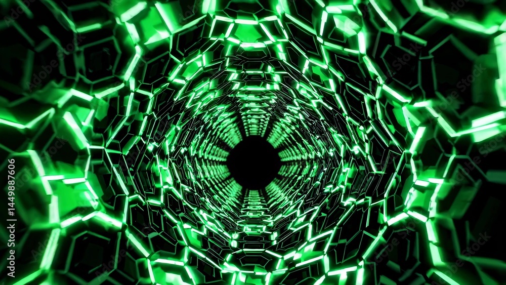 Poster glowing green neon lights illuminating hexagonal shapes create a futuristic tunnel, inviting viewers