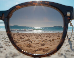 Relaxing Beach View Through Sunglasses – Summer Vacation and Coastal Scenery with Clear Blue Sky.