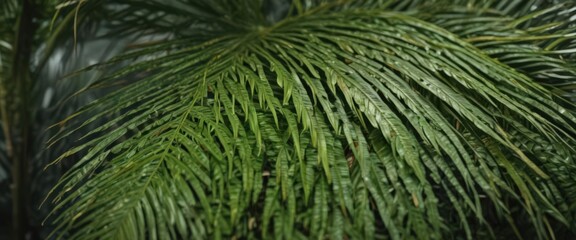 Close-up of a single lush green palm leaf showcasing its intricate details ,  foliage,  image,  detail