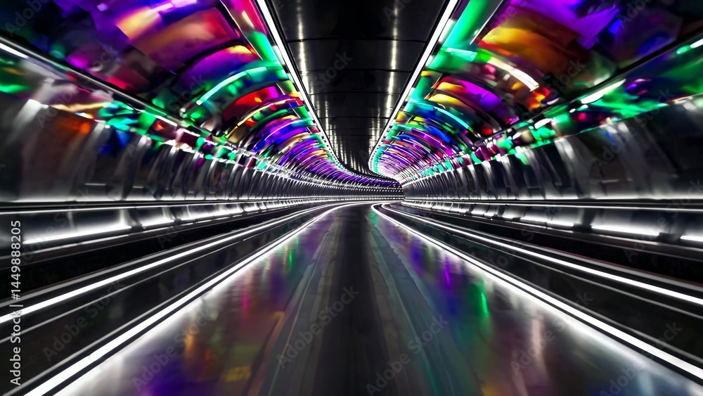 Poster empty futuristic tunnel with moving walkways and colorful led lights creating a vibrant and modern a