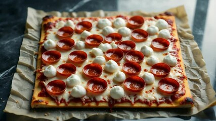 A rectangular pizza with a crispy thin crust, topped with cheese and pepperoni, placed on parchment paper. Bird's-eye view emphasizing the generous slices of pepperoni.